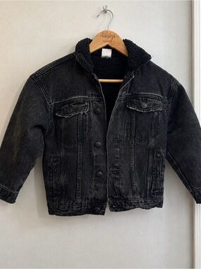 Zara Kids Black Sherpa-Lined Denim Trucker Jacket Size 7